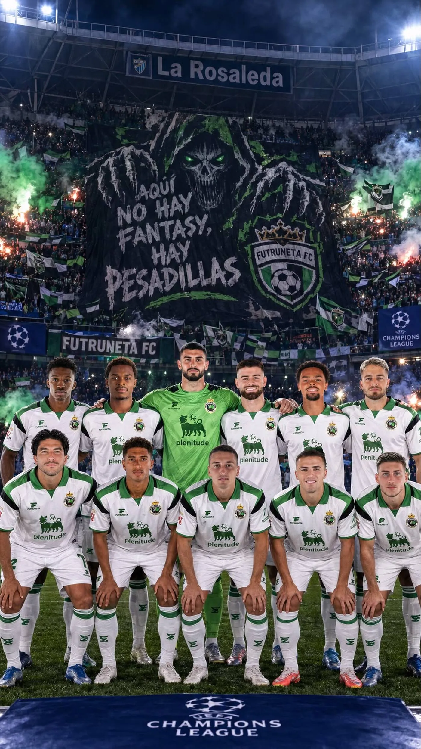 Foto de equipo del FUTRUNETA FC con un tifo enorme de una parca en la grada