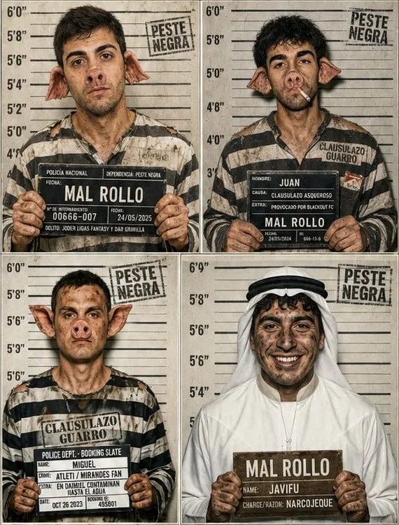 Cuatro fichas policiales de presidentes de la liga con uniforme de rayas embarrado sosteniendo carteles de «mal rollo»; el último, vestido de jeque y sonriendo