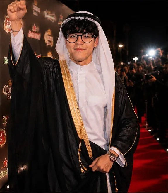 El presidente de PRINCESOS FC, vestido de jeque con gafas, levanta el puño en una alfombra roja rodeado de fotógrafos
