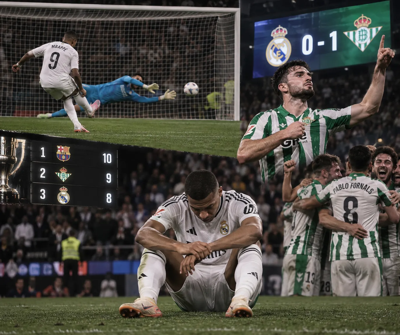 Mbappé sentado en el césped del Bernabéu mientras el Betis celebra el gol