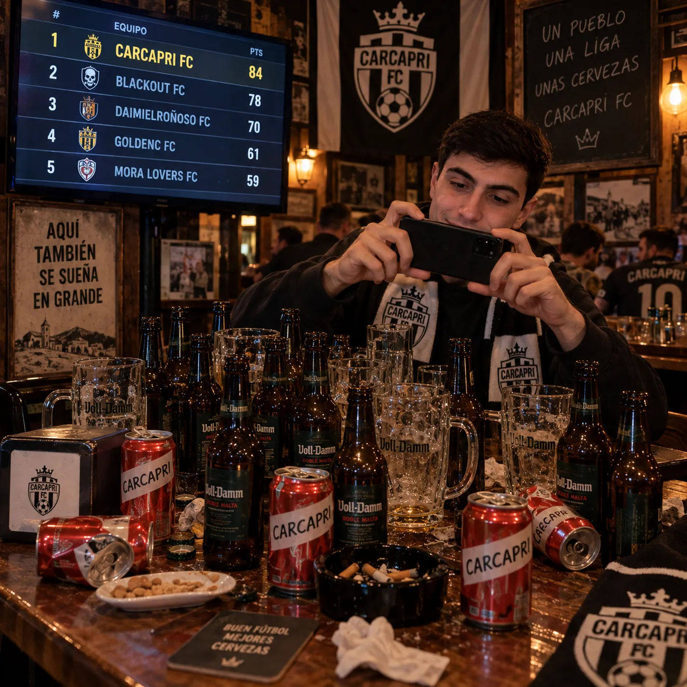 Aficionado del CARCAPRI FC fotografía la clasificación en un bar con la mesa llena de botellines vacíos