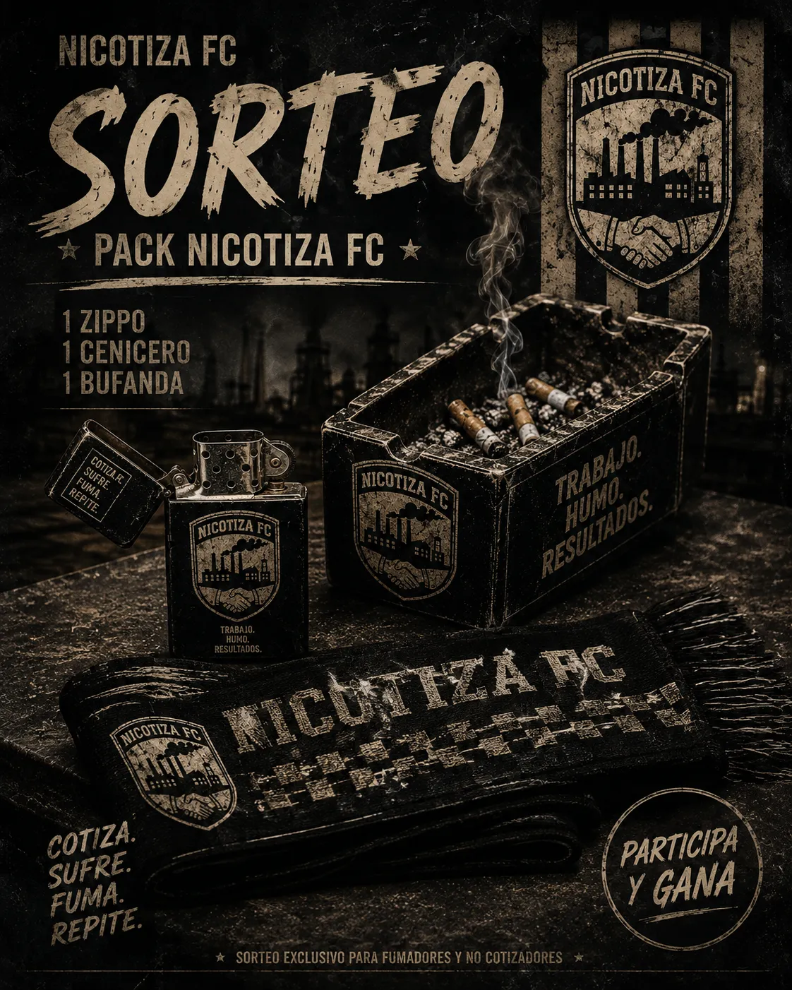Pack promocional de NICOTIZA FC: mechero zippo, cenicero y bufanda del club